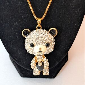 Betsey Johnson Movable Black & White Sparkling Crystal Bear Pendant Necklace NWT